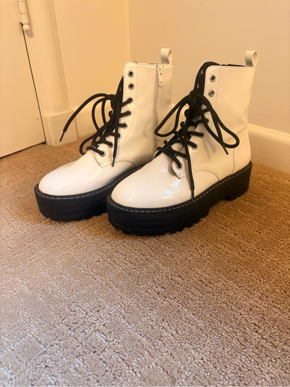 H&M White Platform Combat Boots with Black Soles and Laces